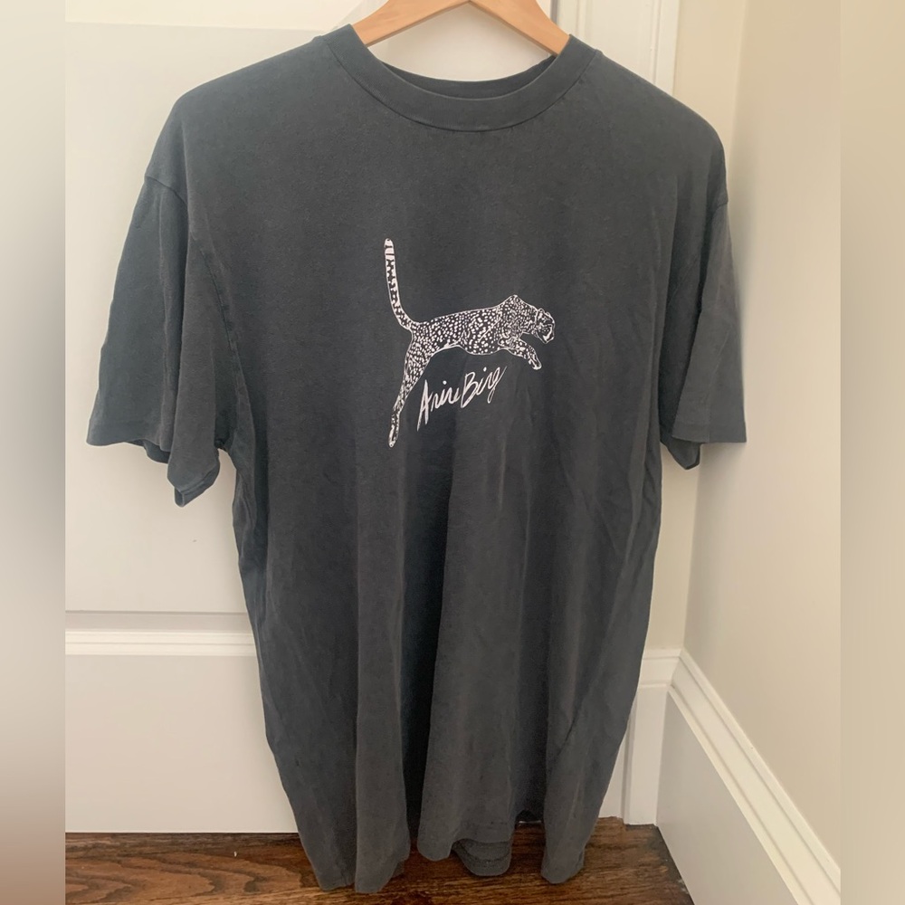 Anine Bing Charcoal Gray Short Sleeve Graphic Tee with White Leopard Motif - Picture 8 of 14